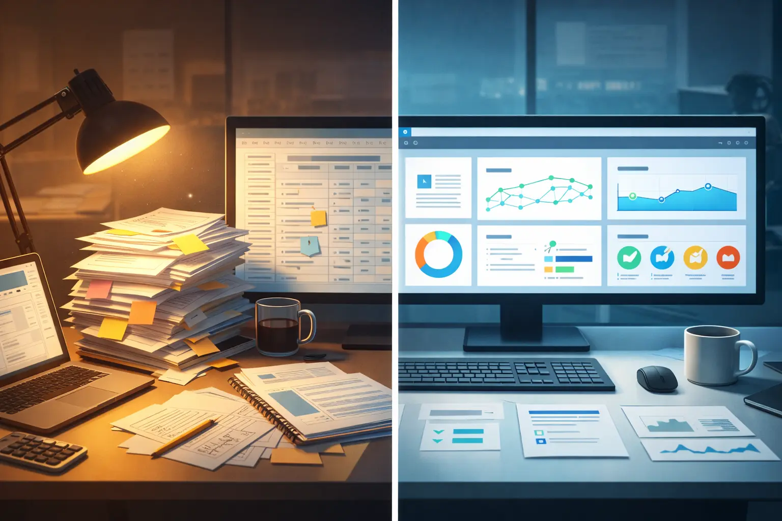 Comparison of traditional vs. AI-powered SEO content audit processes on computer screens