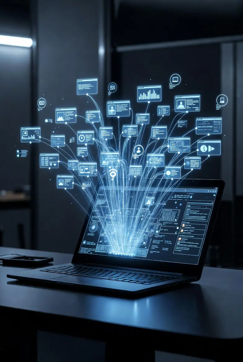 Digital display of AI processes in an SEO content audit on a laptop screen