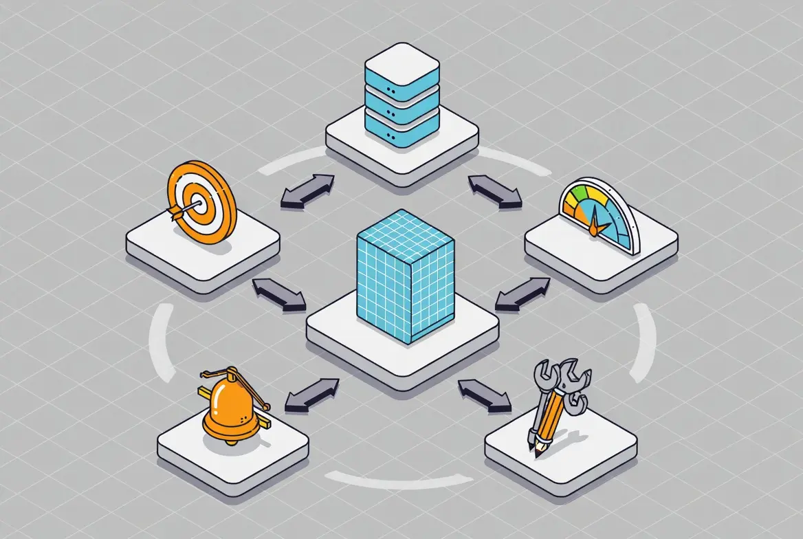 Illustration depicting stages of an SEO content audit process involving tools and metrics