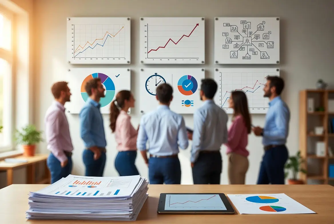 Team discussing charts and graphs during an SEO content audit meeting.