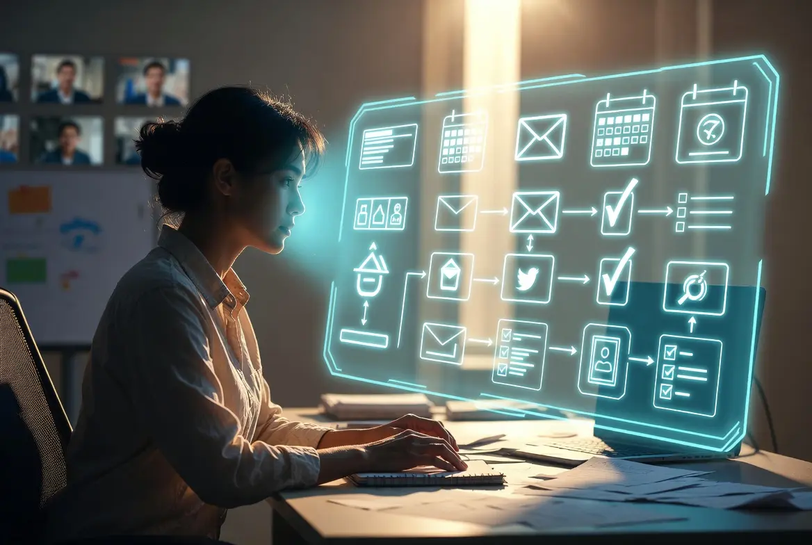 Woman interacting with AI workflow automation dashboard displaying task management