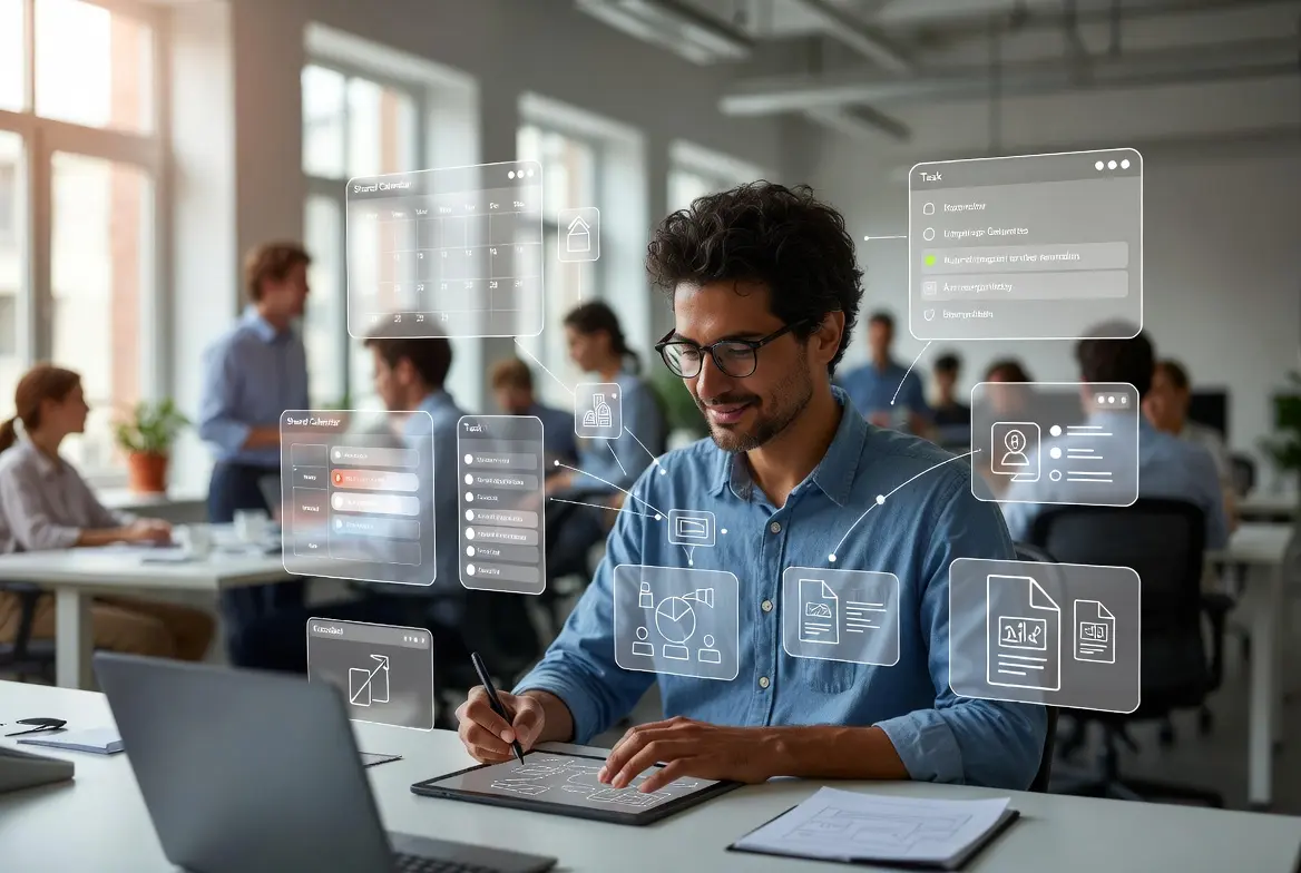 Man in office utilizing AI workflow automation tools on digital interface 