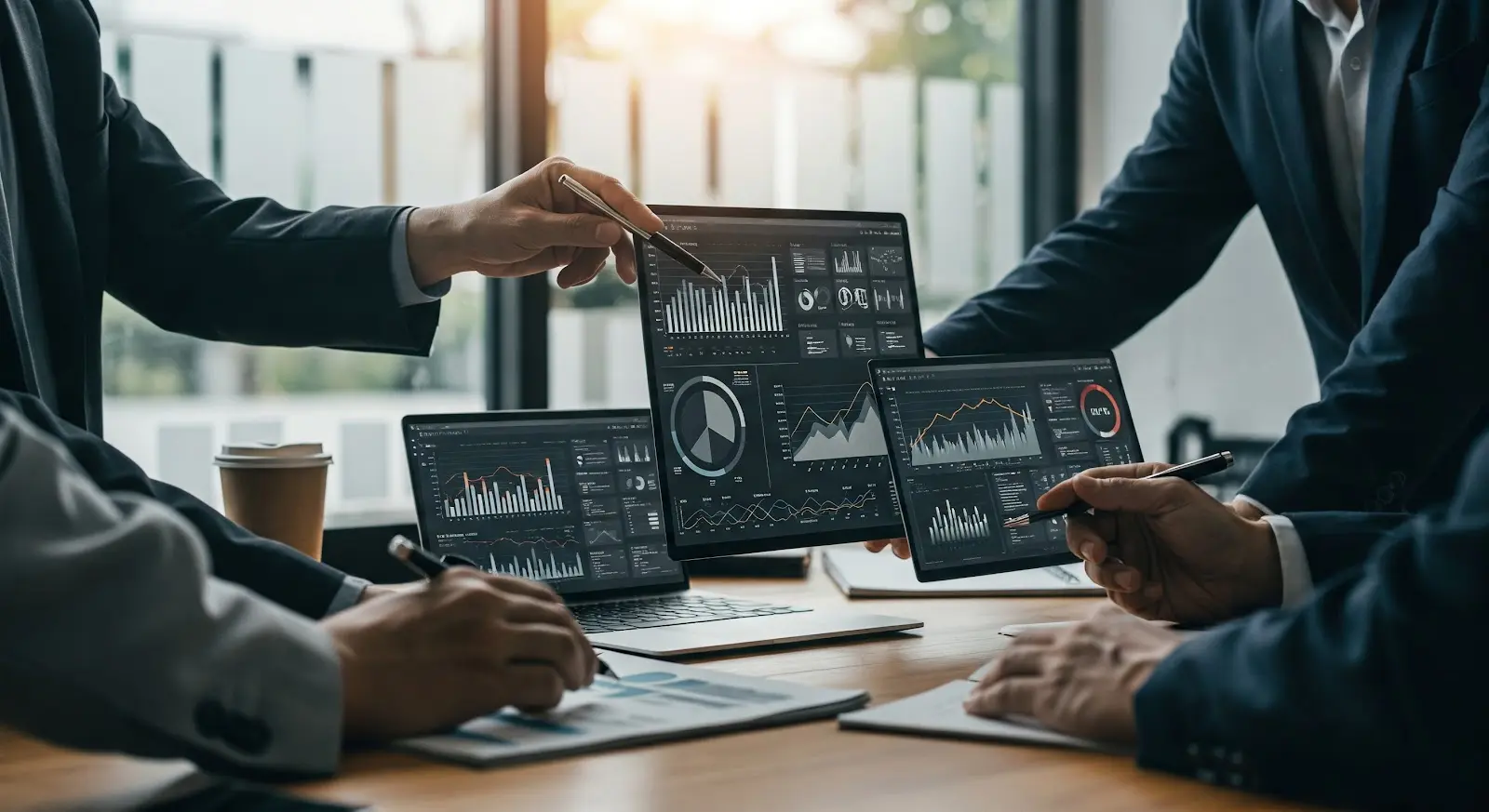 Business professionals analyzing AI workflow automation data on multiple screens during a meeting.