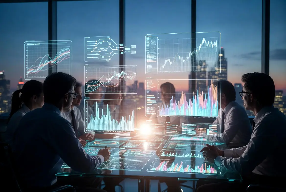 Team collaborating around a table with digital charts, symbolizing AI workflow automation in business.