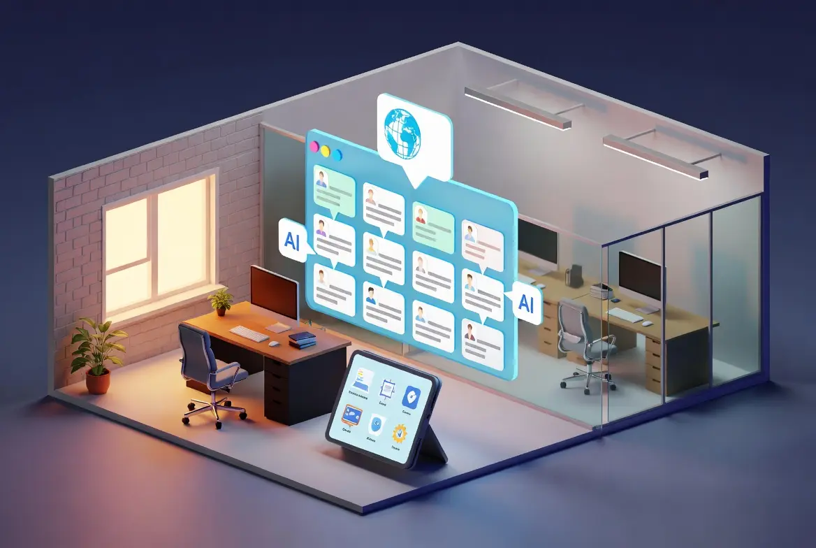 A digital office setting depicting AI workflow automation with interactive tools and screens.