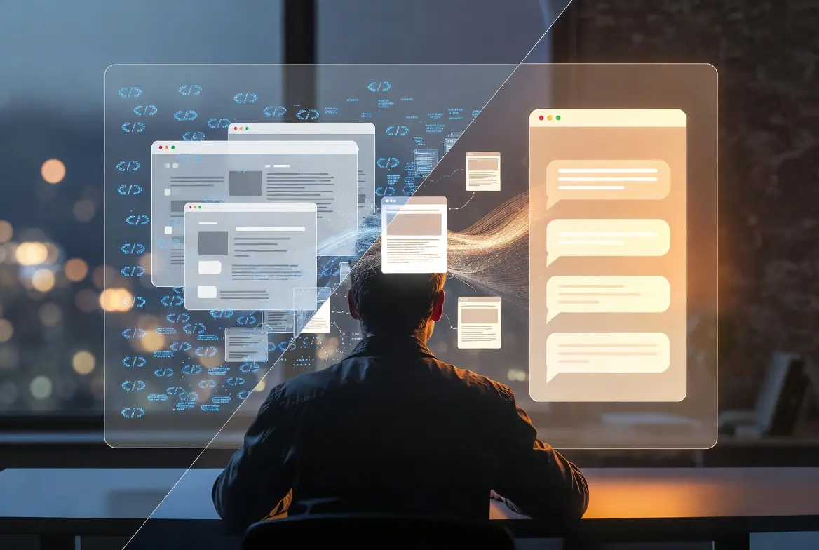 Individual using a laptop with digital screens depicting AI writing tools, illustrating generative search optimization.