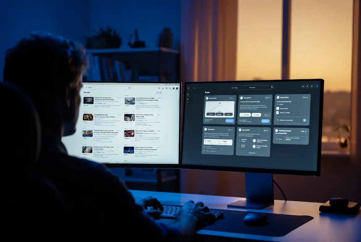 Person using AI tools for generative search optimization on dual monitors.