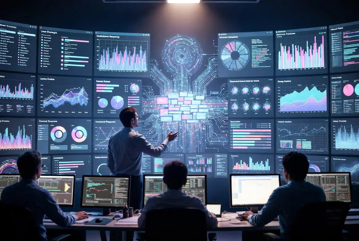 Team analyzing data dashboards for generative search optimization strategies