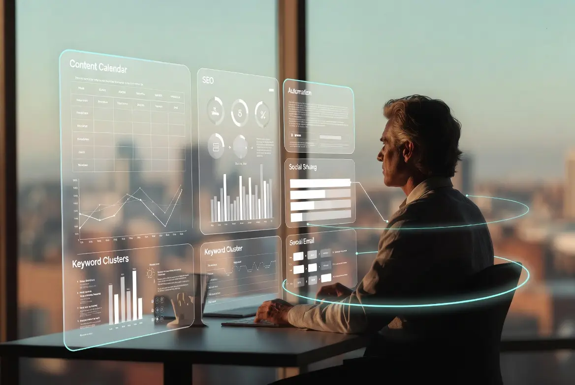 A professional analyzing AI marketing automation dashboards with data graphs and charts.