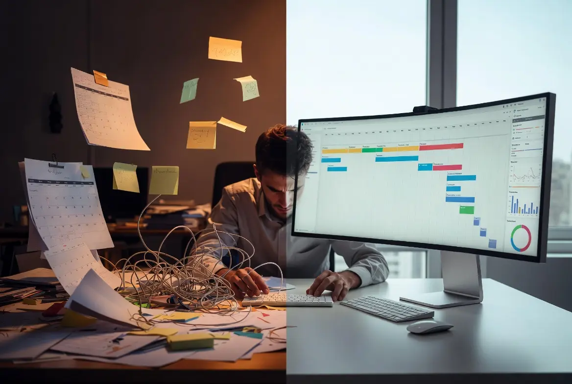 Two scenes contrasting traditional cluttered marketing workflow and streamlined AI marketing automation on a screen.