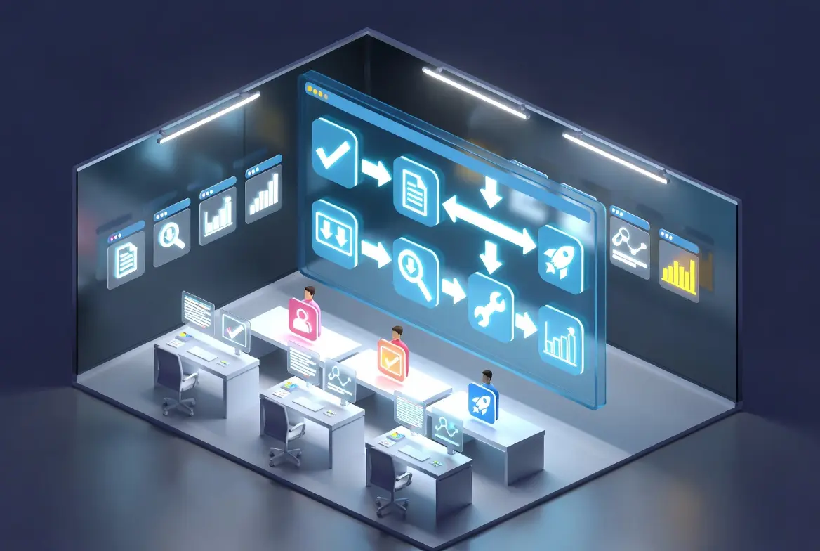 Illustration of an AI marketing automation workflow with digital interfaces and data analysis.