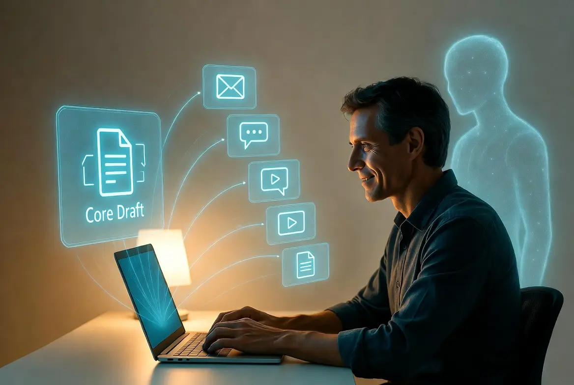 Illustration of AI marketing automation transforming core drafts into various marketing materials.