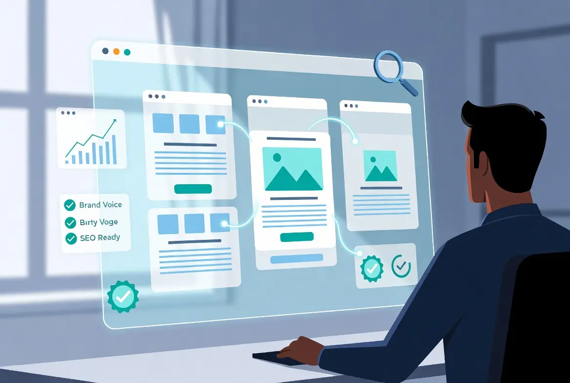 Digital interface illustrating AI website copy generator features and layout