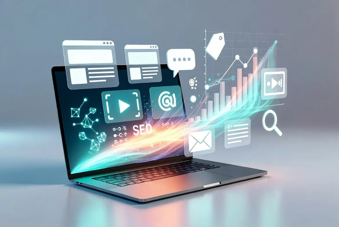Laptop displaying digital tools and analytics with AI writing and SEO icons.