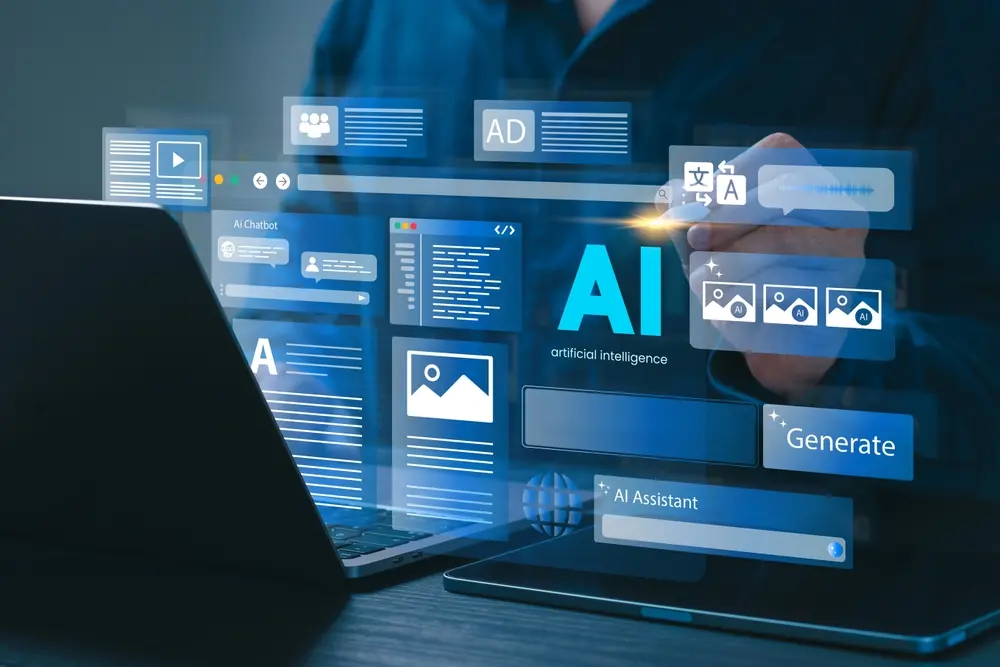 Digital interface displaying AI writing generator features on a laptop screen.