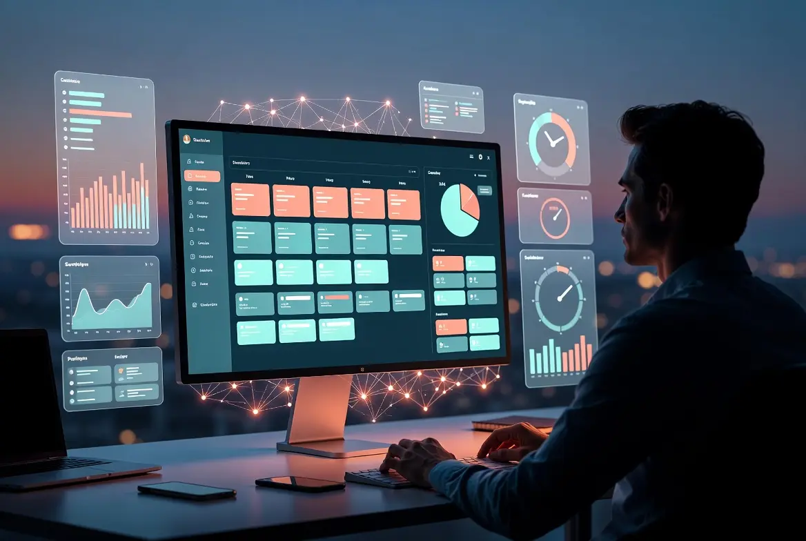 Person analyzing data on a digital dashboard showcasing an AI workflow for social media management