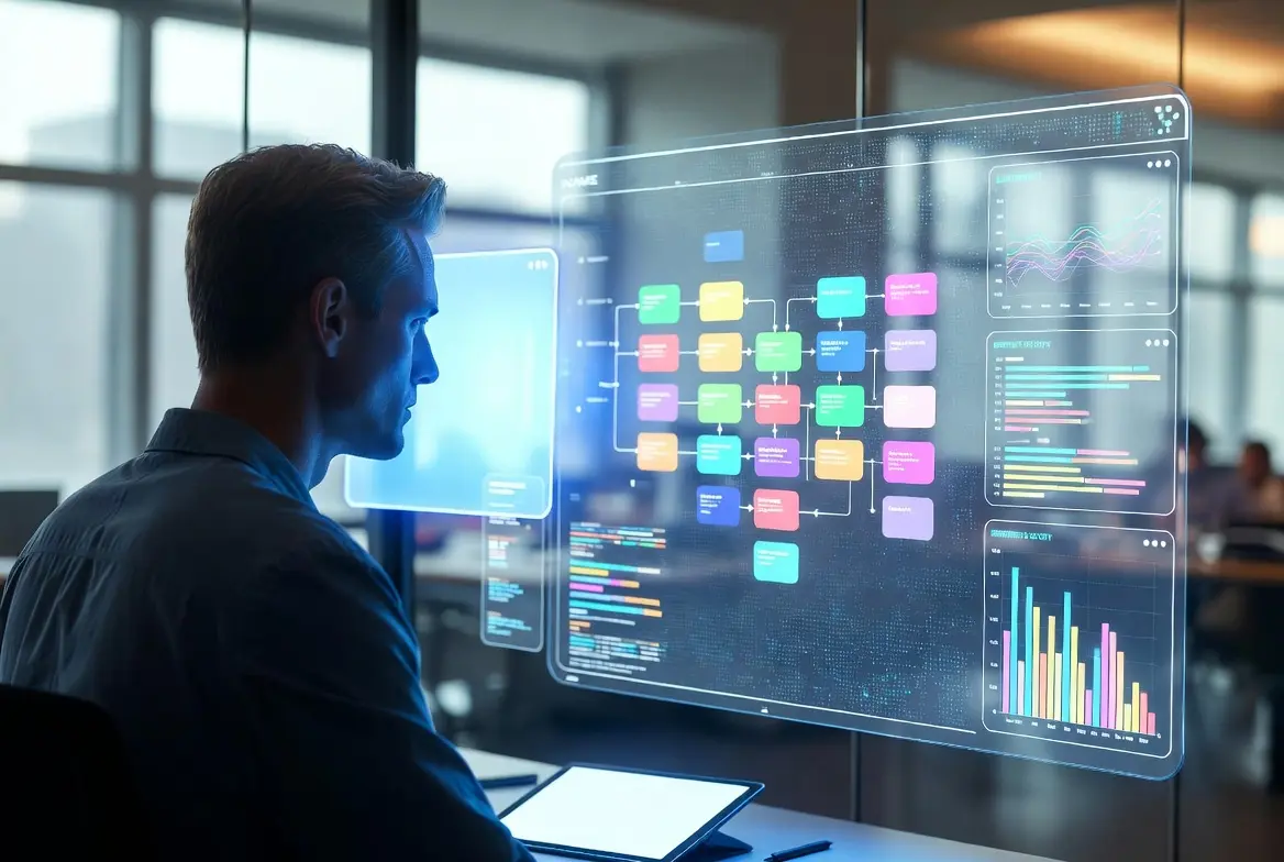 Person analyzing a digital dashboard for AI-driven social media workflow.