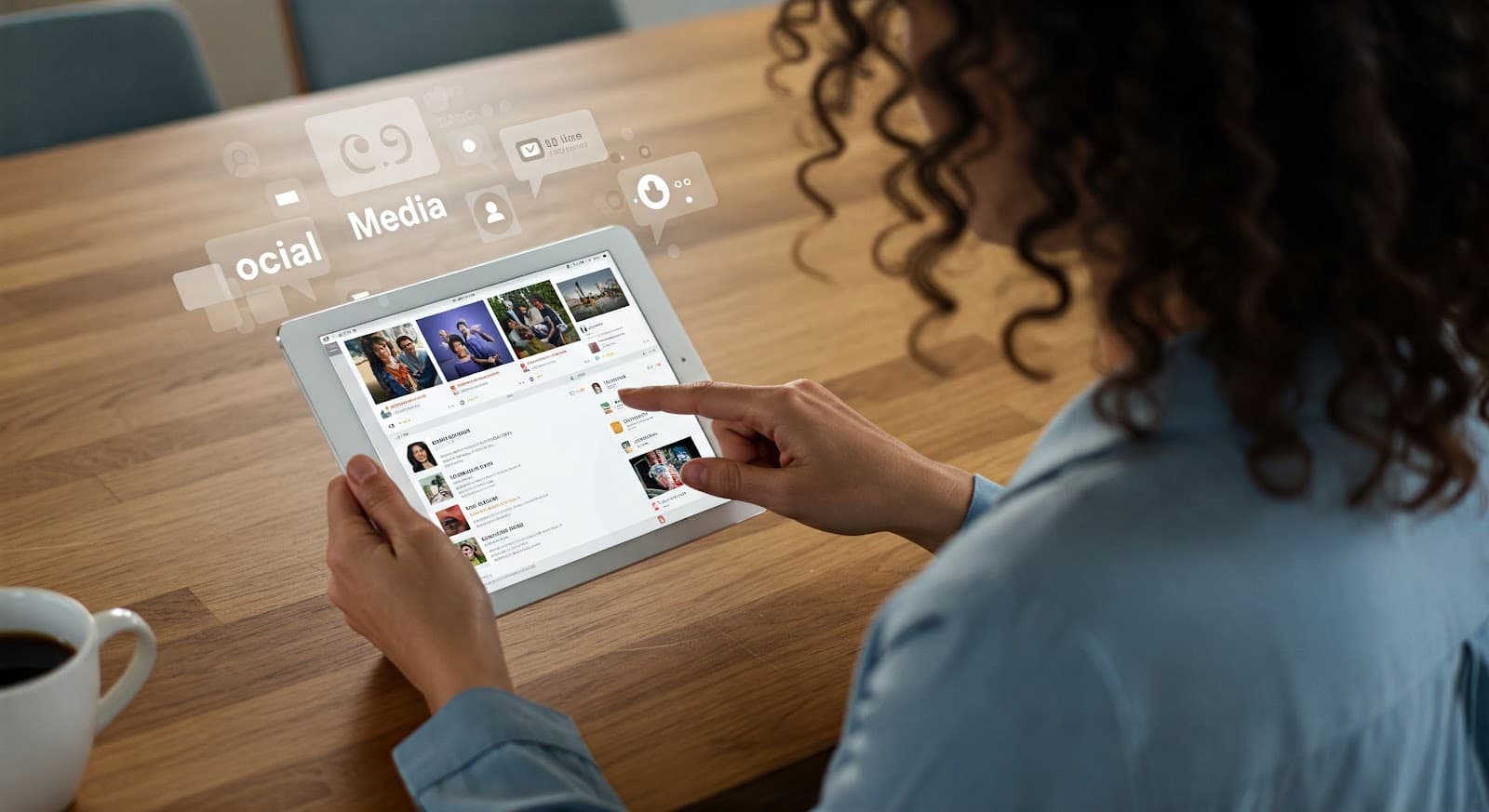 A person interacting with a tablet displaying social media snippets aided by an AI workflow.