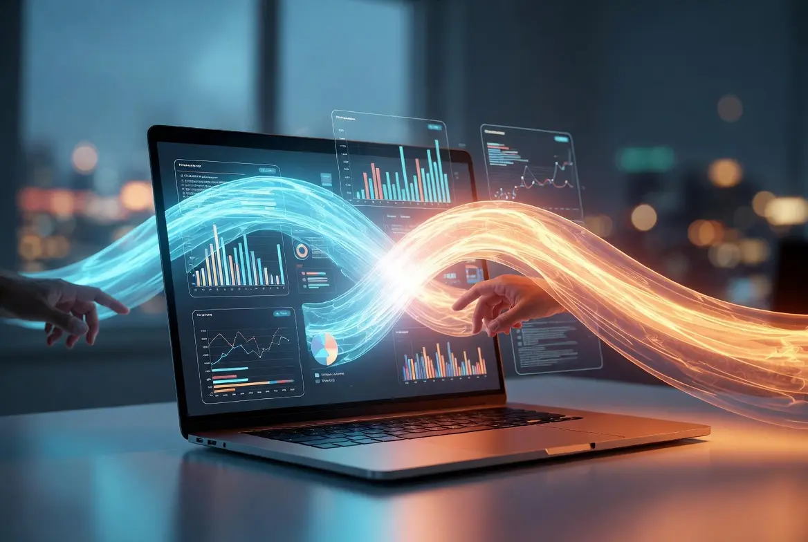 Hands interacting with digital data streams on a laptop, symbolizing PPC platform analysis.