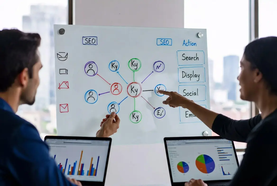 Team discussing PPC platform strategy with data charts and flowchart on whiteboard