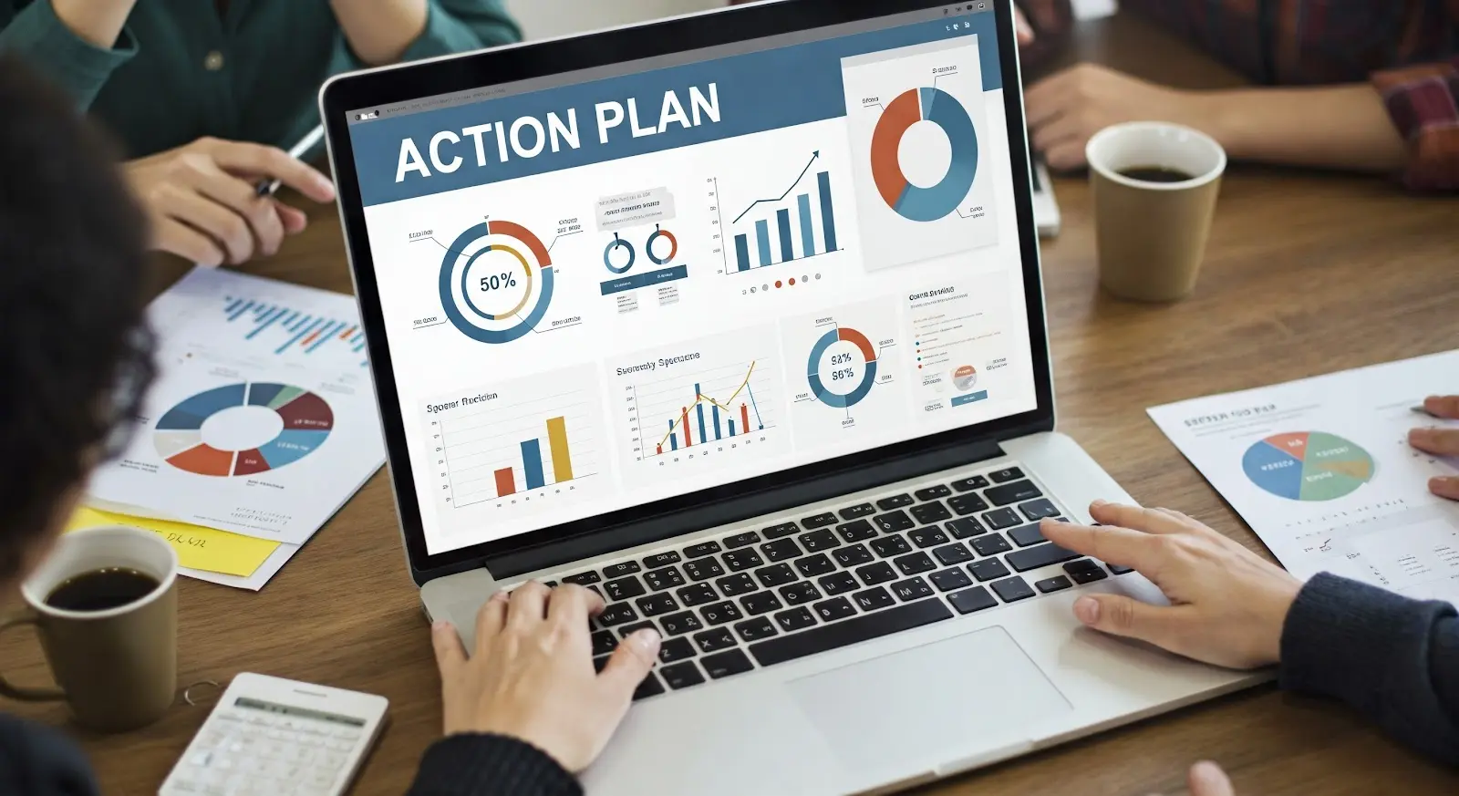 Laptop displaying an action plan for a PPC platform with charts and graphs.