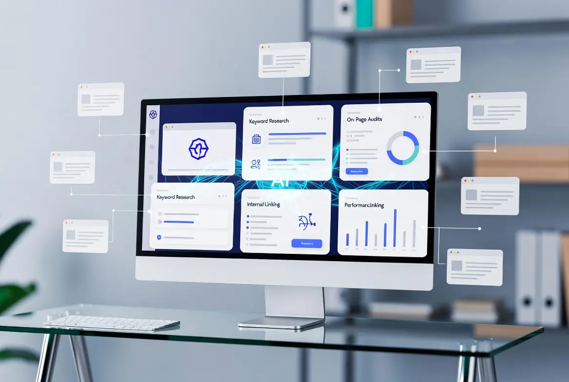 Interactive dashboard showcasing features of white label SEO software on a computer screen.