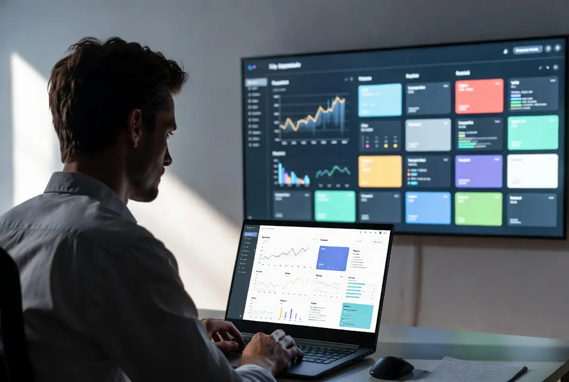 Person analyzing SEO software dashboard with analytics and performance metrics