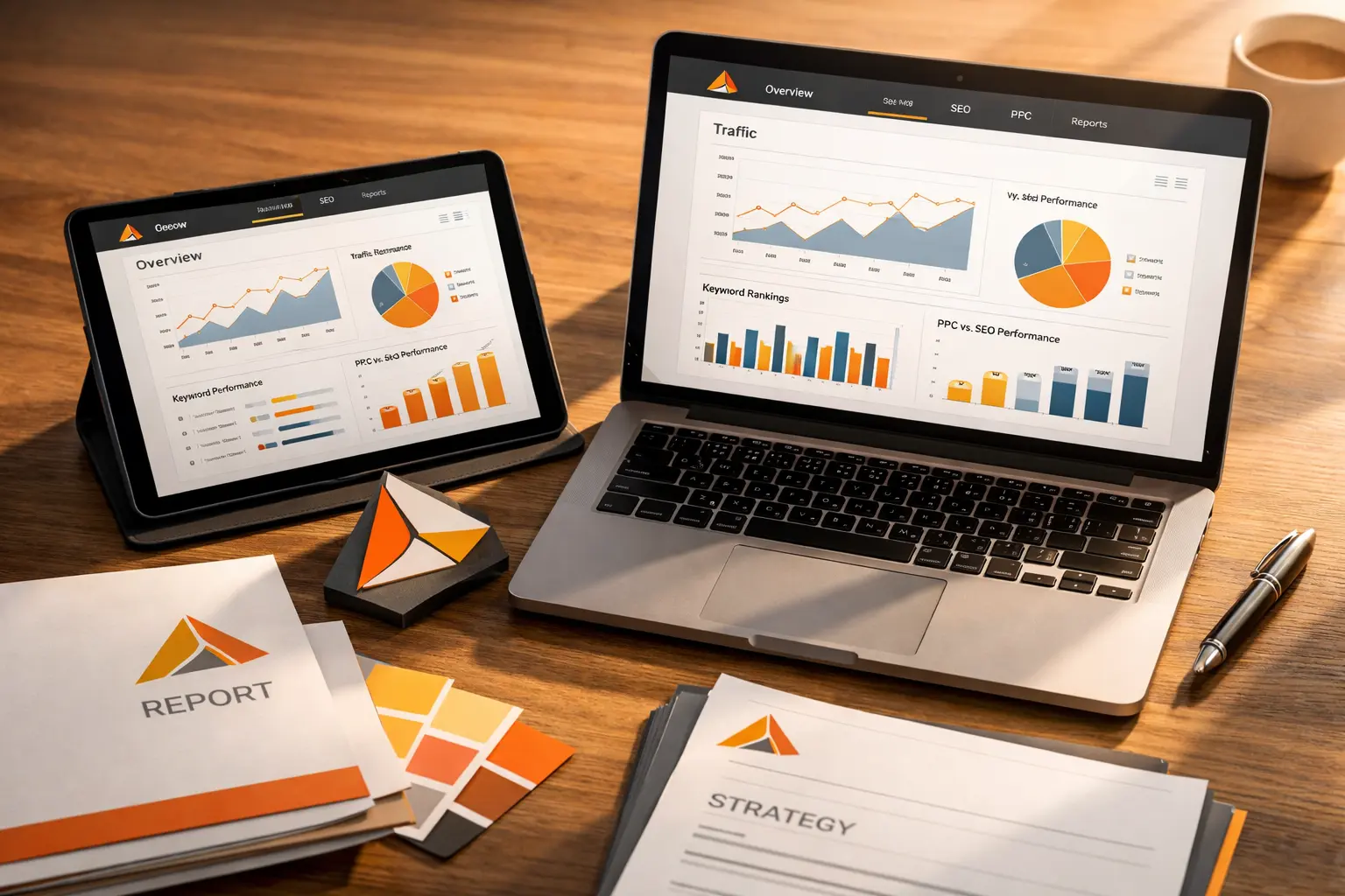 Analytics dashboard displayed on a laptop and tablet for white label SEO software.
