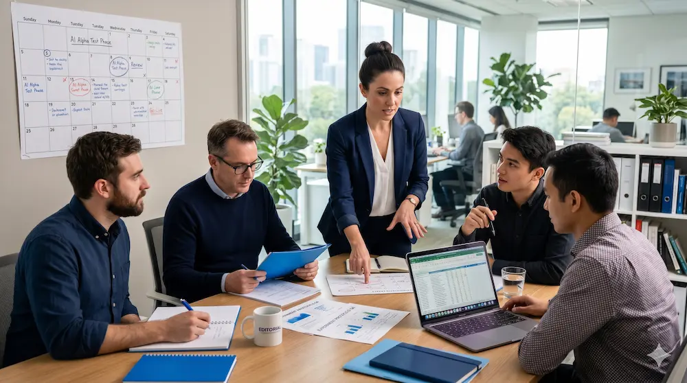 Team discussing AI strategies for SEO with charts and laptops