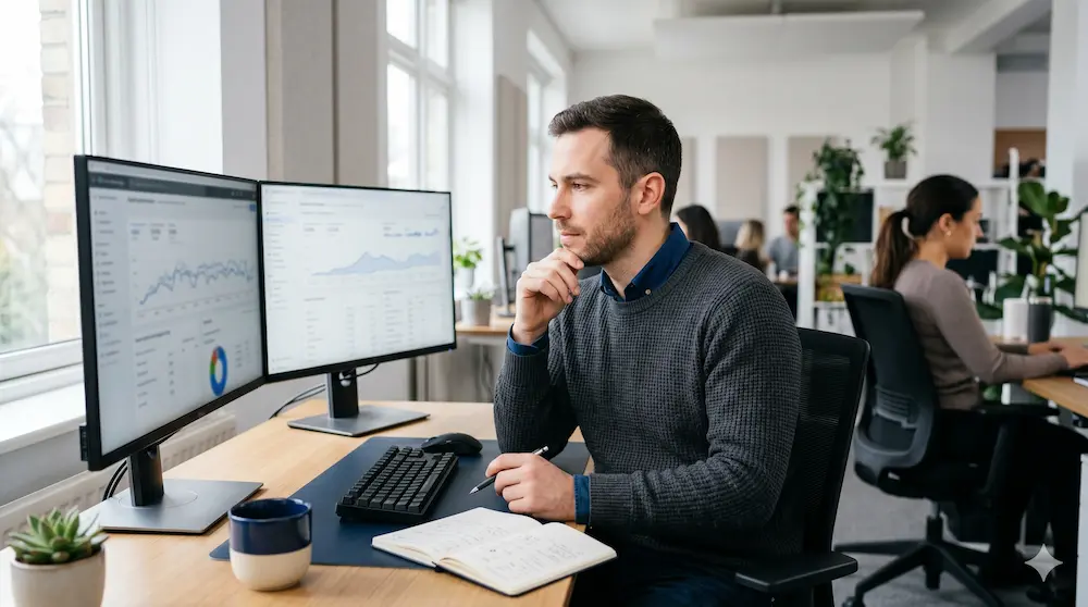 Individual looking at SEO performance data with AI insights