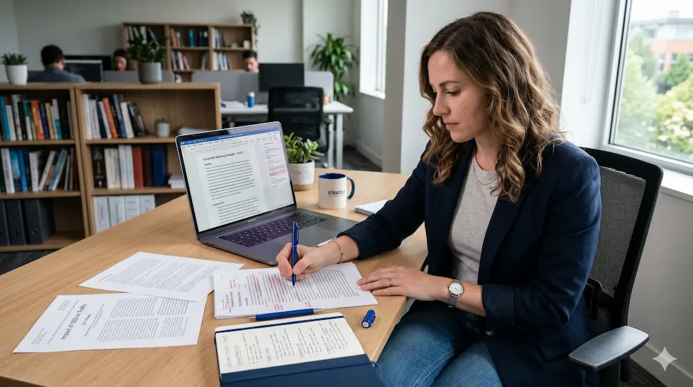 Professional working on content updates for AI visibility