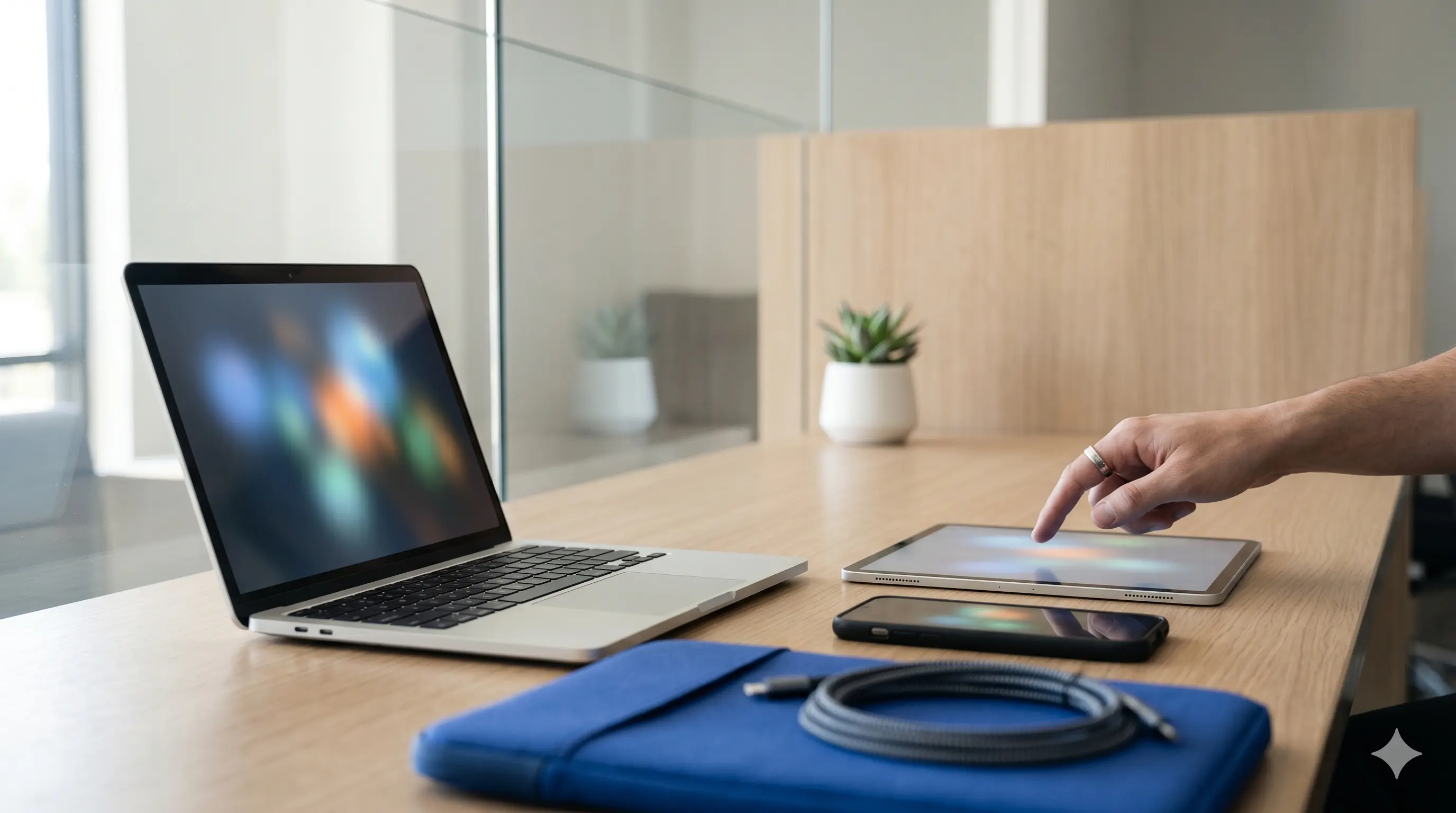 Digital workspace with AI-powered SEO tools including a laptop, smartphone, and tablet