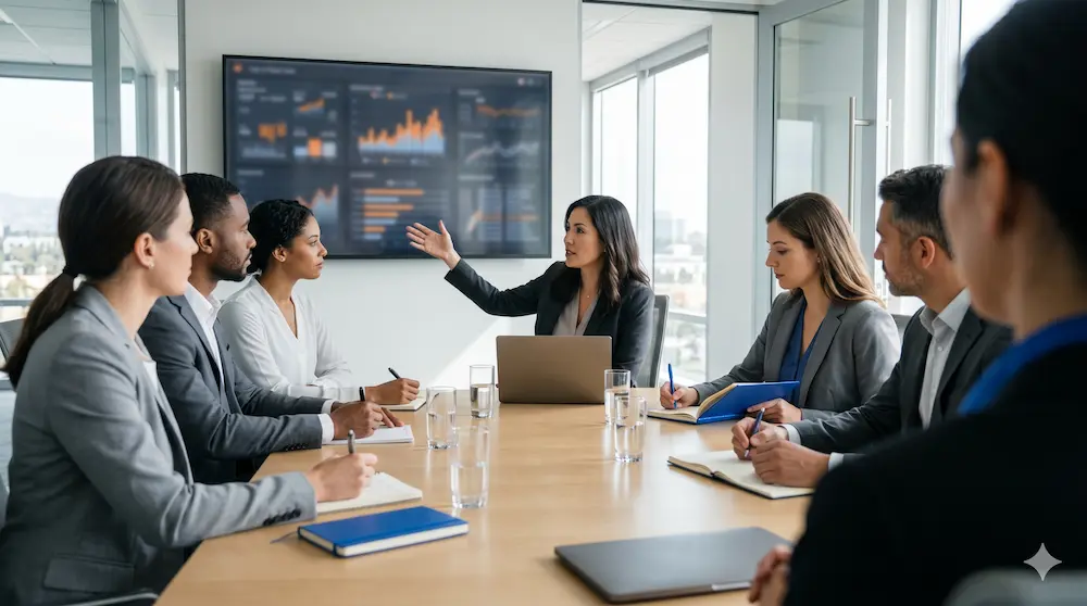 Group of professionals analyzing AI visibility metrics during a business meeting