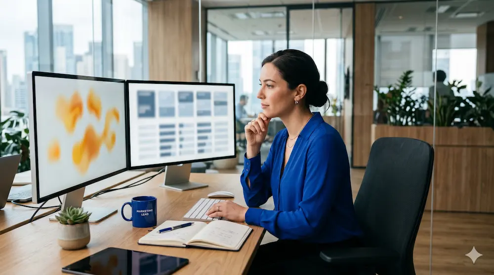 Professional analyzing AI search optimization data on dual monitors