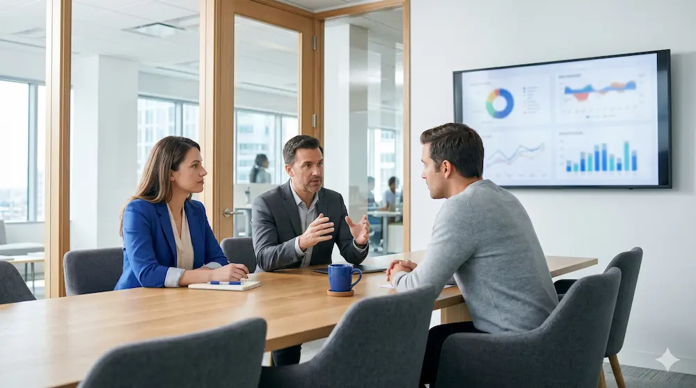Professionals discussing AI SEO strategies with data visuals on screen