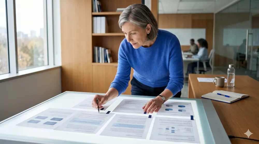 Woman analyzing documents for AI visibility benchmarks in an office