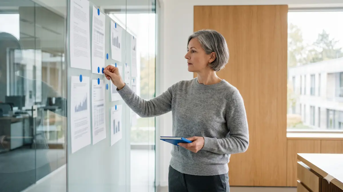 Professional assessing brand visibility in AI with charts on glass wall