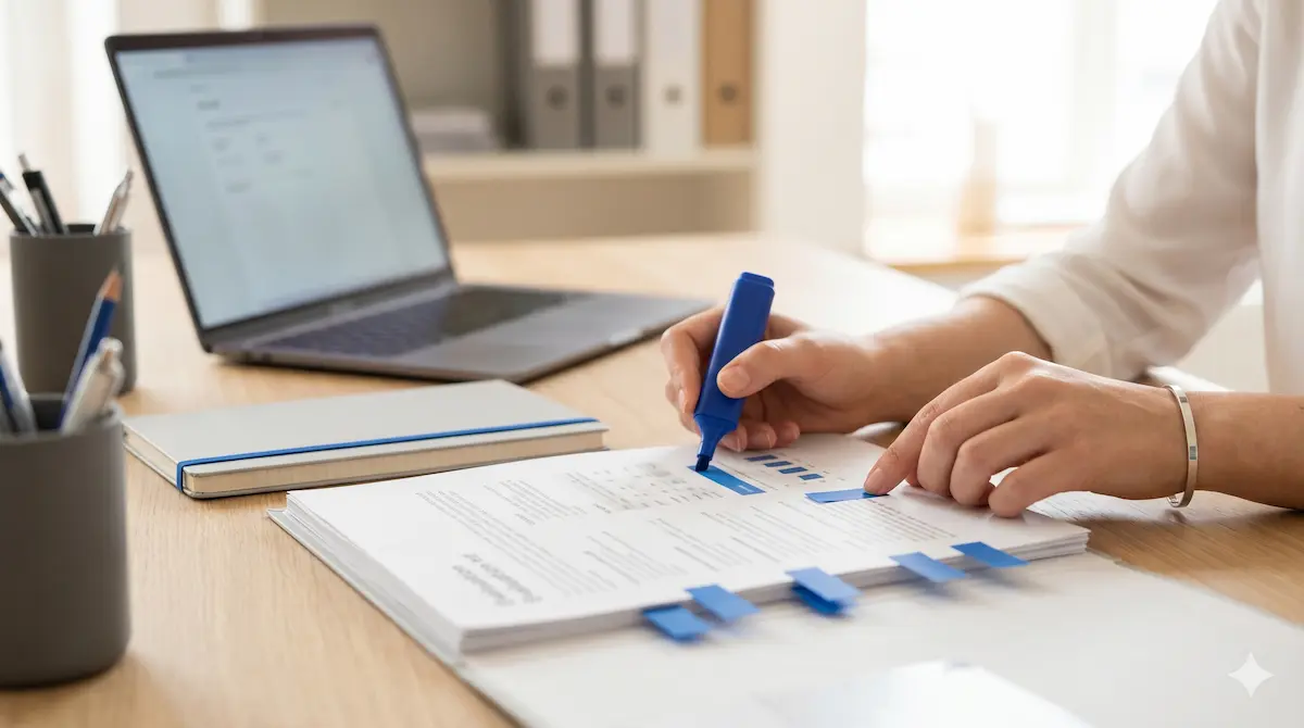 Hands highlighting key points on a document for query fanout strategy