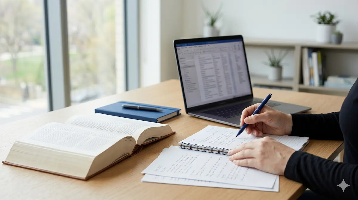 A person taking notes from a laptop involving AI search analytics.