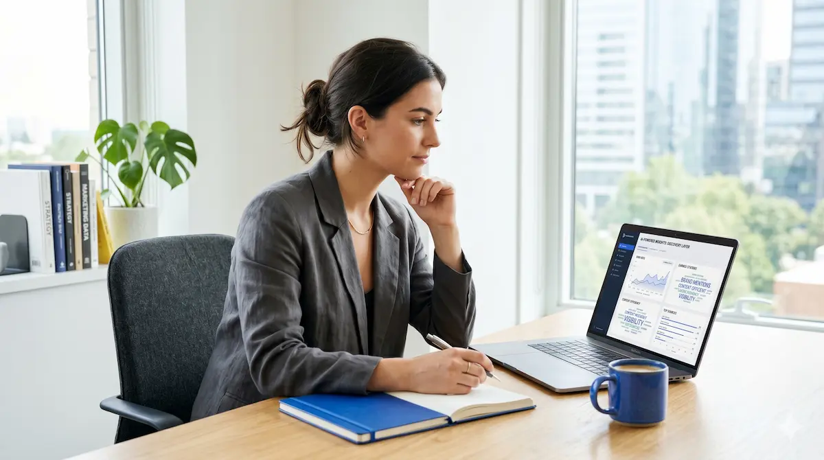 Person taking notes, using LLM SEO optimization tool for data analysis