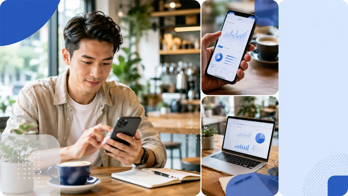 Business owner using AI tools and reviewing SEO analytics on a phone