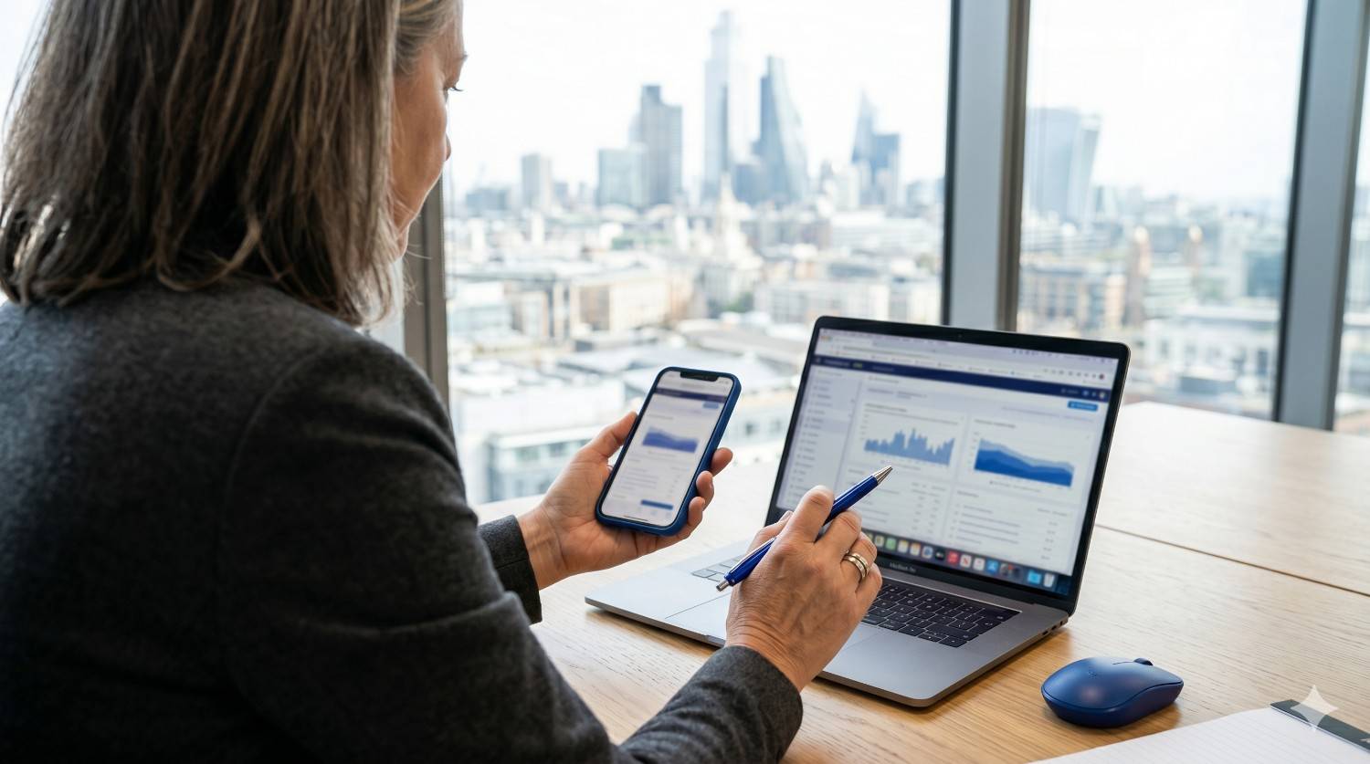 Professional using smartphone and laptop to explore AI tools for B2B marketing