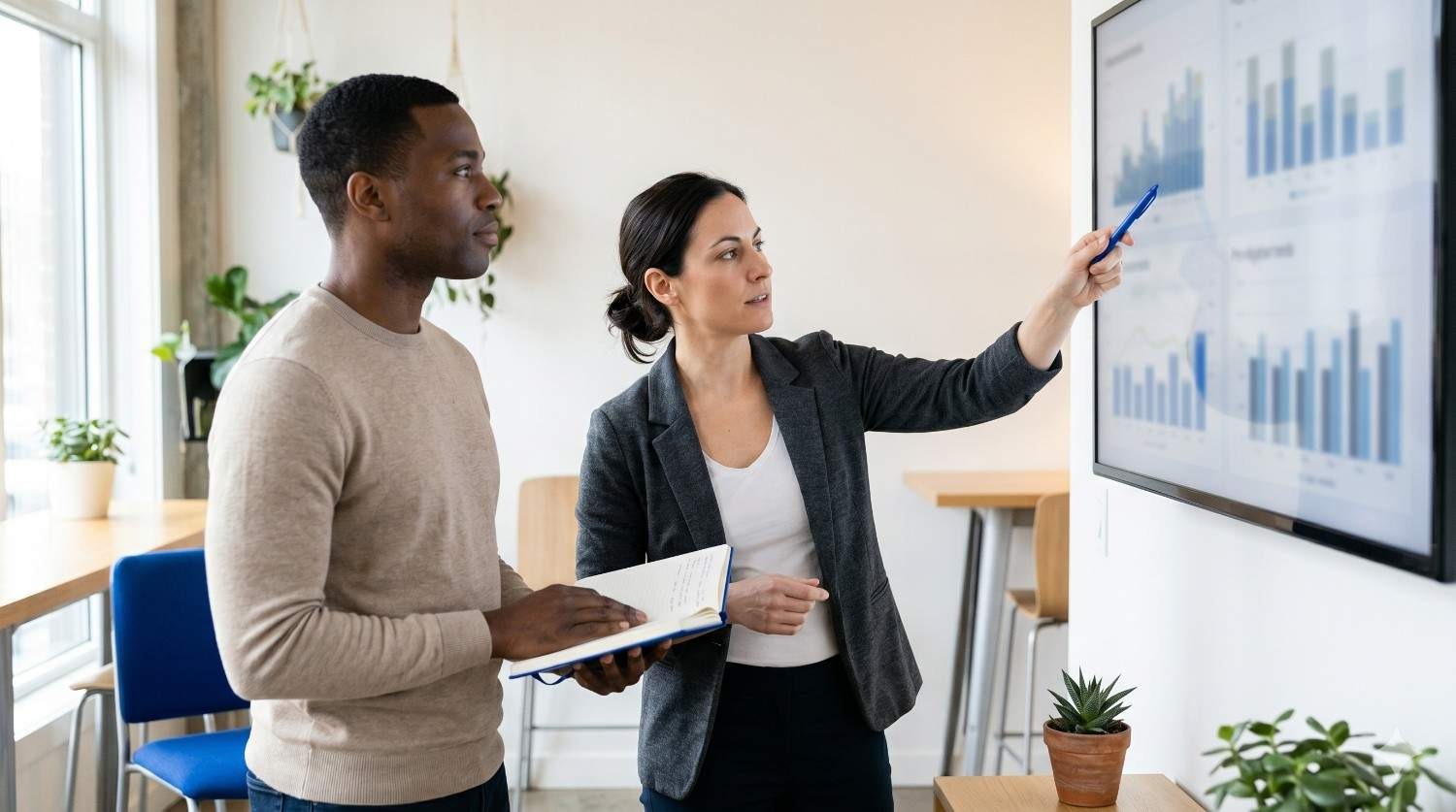 Team analyzing data on screen for AI-based competitor insights