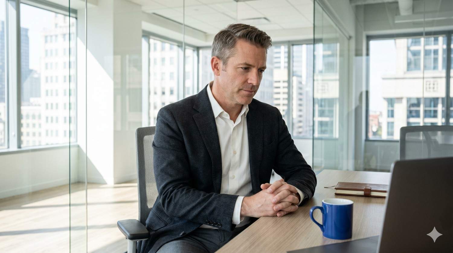 Person considering AI brand sentiment strategies in a modern office setting