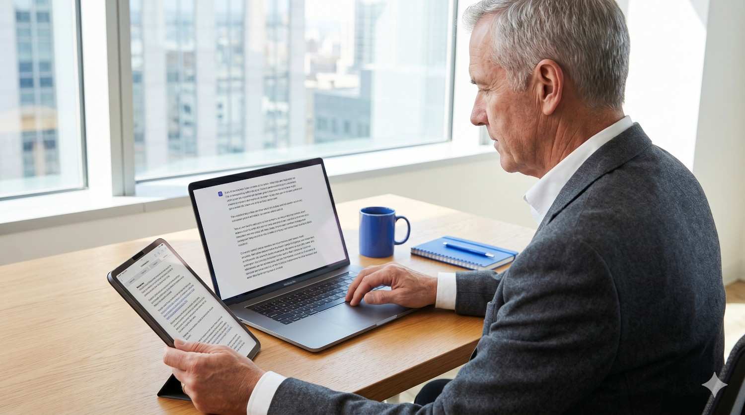 Man analyzing AI visibility on laptop and tablet