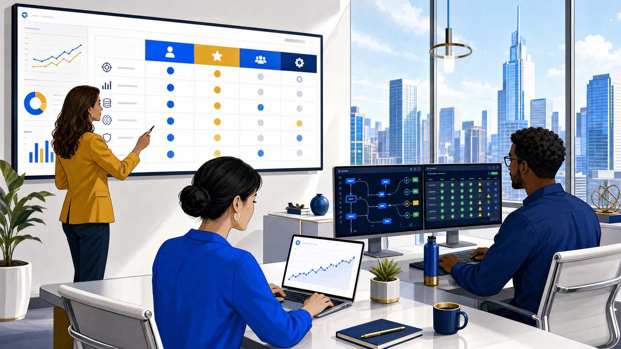 Marketing team operationalizing AI visibility metrics with CMO reviewing quarterly outcomes dashboard, product lead analyzing citation trends, and data engineer monitoring pipeline health