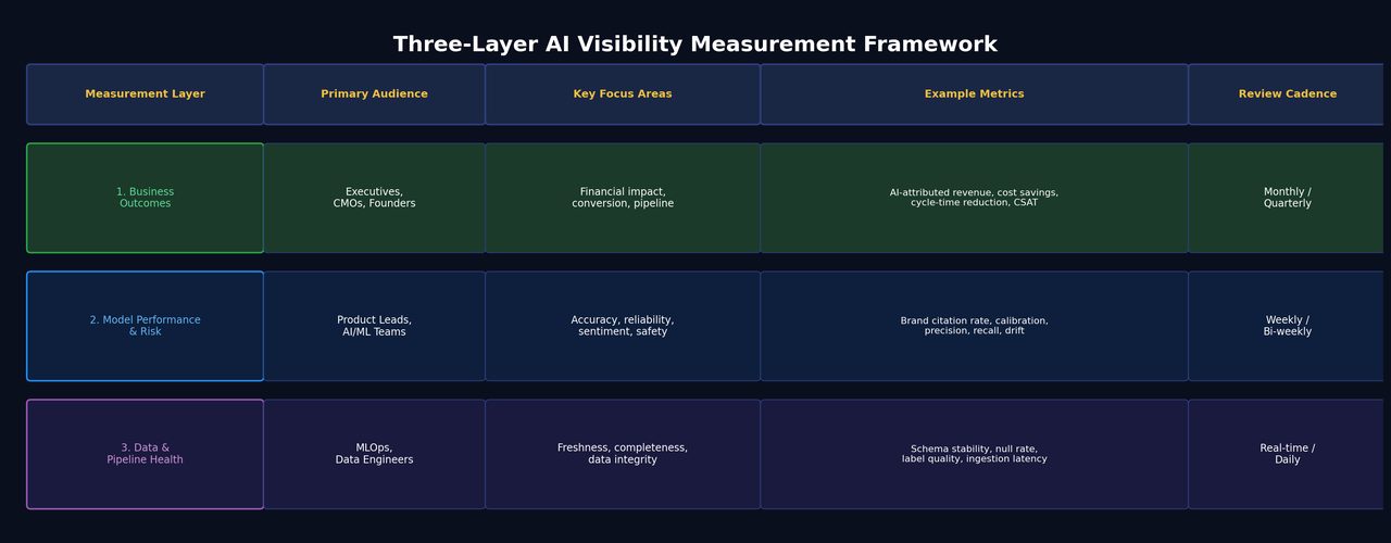 Three-Layer AI Visibility Measurement Framework table showing Business Outcomes reviewed monthly, Model Performance reviewed weekly, and Data Pipeline Health monitored in real time
