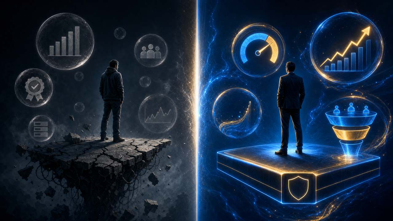 Split illustration showing a figure standing on a crumbling platform surrounded by vanity metric bubbles on the left versus a figure on a solid glowing platform with meaningful AI visibility metrics on the right