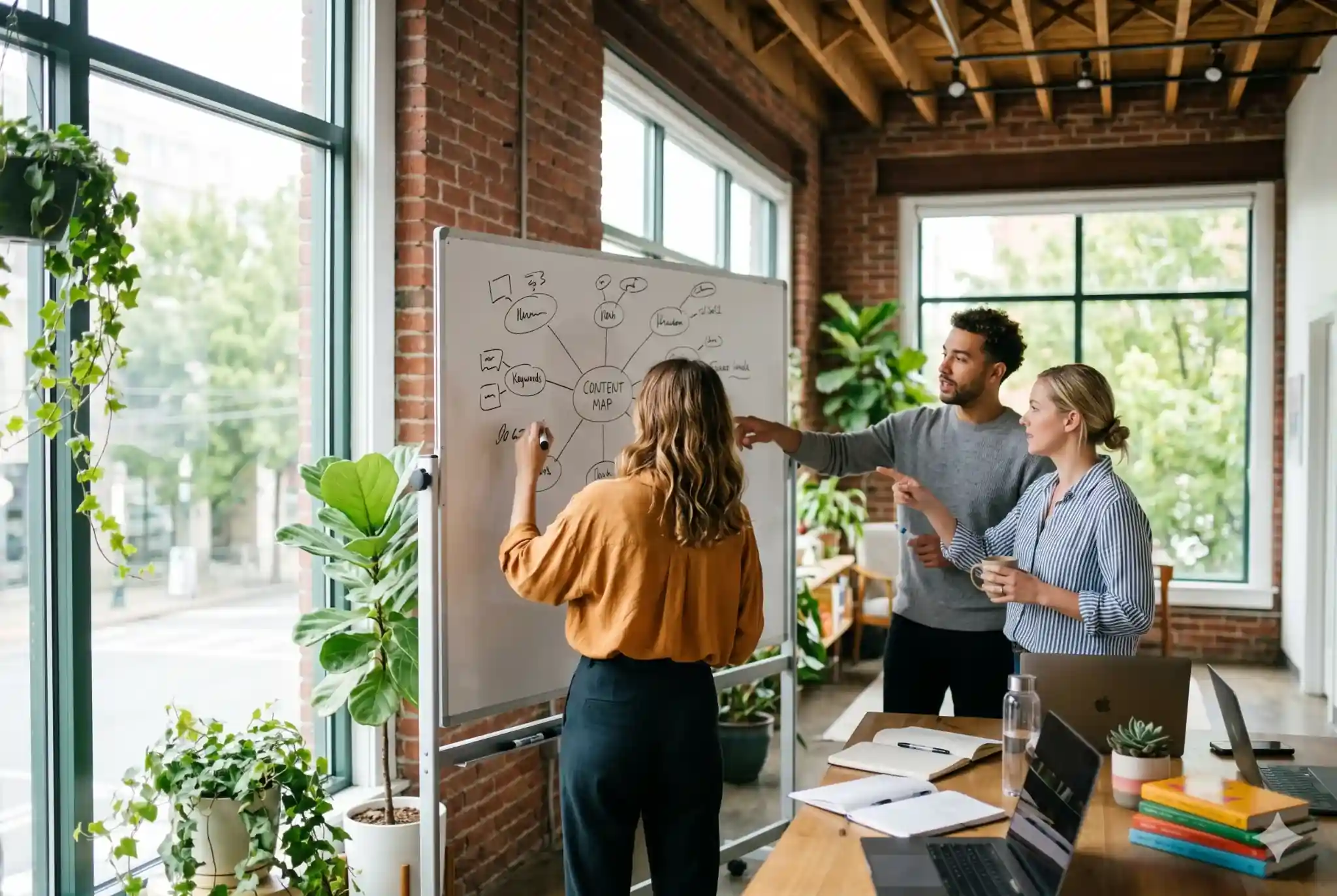 Digital marketing analyst reviewing AI visibility performance metrics on dual monitors in a modern open-plan office