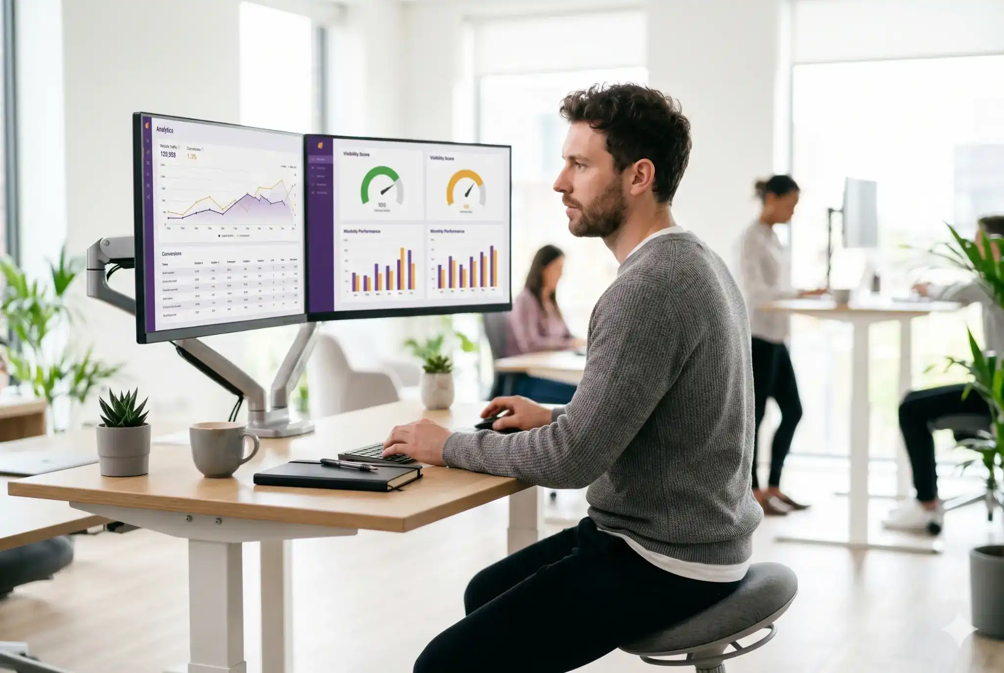 Senior content strategist presenting brand sourceworthiness strategy to a marketing team in a bright office